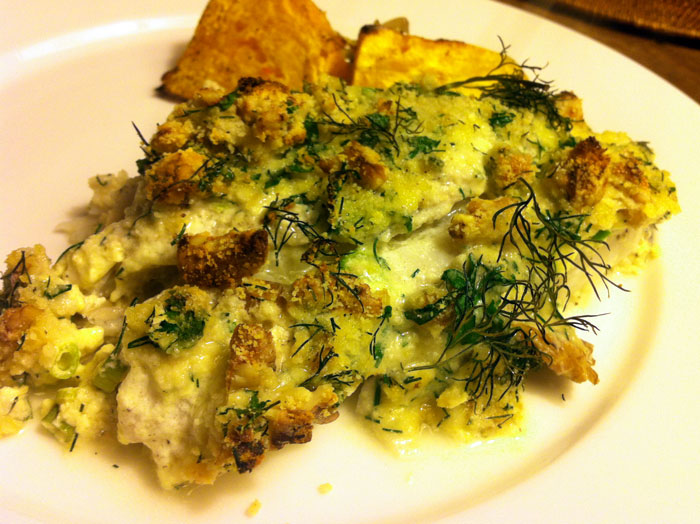 fish baked in yoghurt with a walnut herb crumb